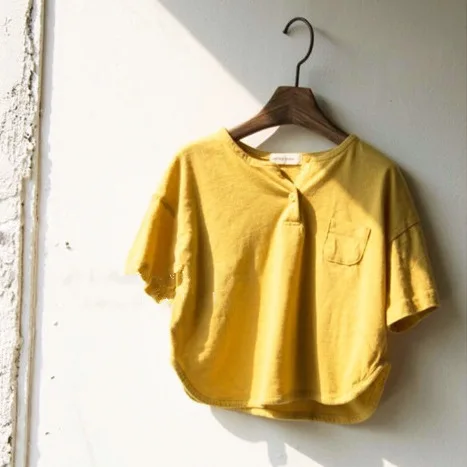 

2021 Summer Korean New Children's Clothing Boys and Girls Front Button Short Sleeved Casual Loose Cotton T Shirt