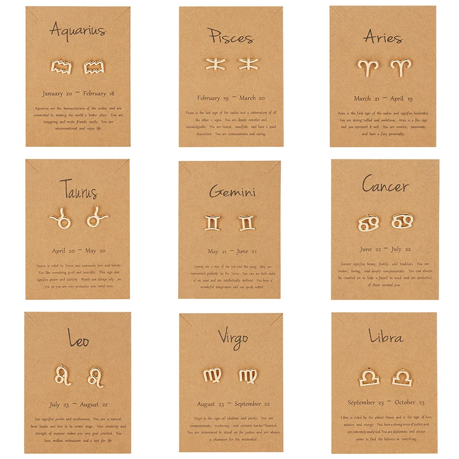 

1Pair 12 Constellation Cartilage Earrings Metal Alloy Gold Color Stud Earrings Back Ear Studs Jewelry Zodiac Sign Birthday Gifts