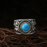 s925 sterling silver retro popular feather men and women ring thai silver inlaid turquoise opening adjustable ring