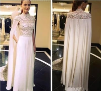 arabic high neck lace satin sheath elegant evening gown 2020 lace evening dresses with cape prom dresses celebrity dress