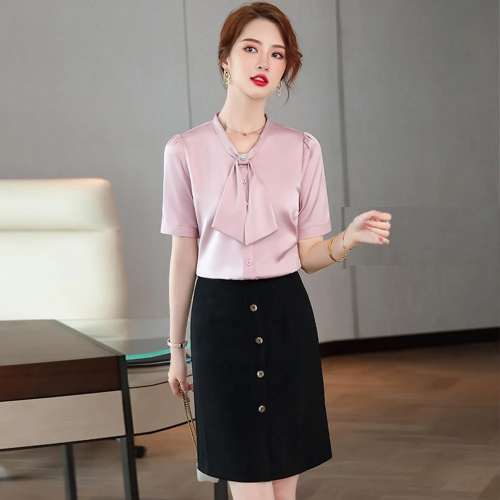 

Женский офисный комплект из 2 предметов, модная голубая рубашка с коротким рукавом и юбка и топ, Офисная Рабочая блузка для лета