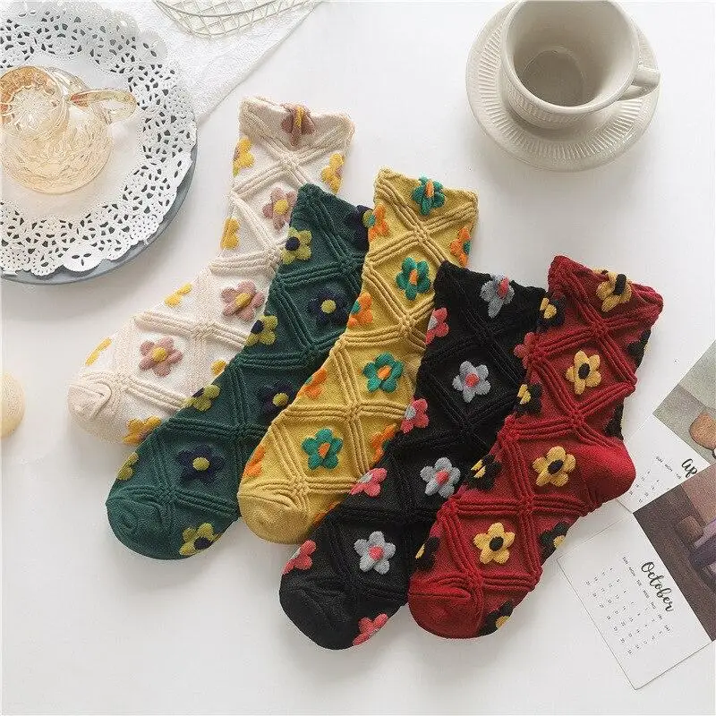 

Korean Floral Print Woman Socks Japanese Cute Vintage Long Sock Plaid Cotton Sock for Christmas Gifts
