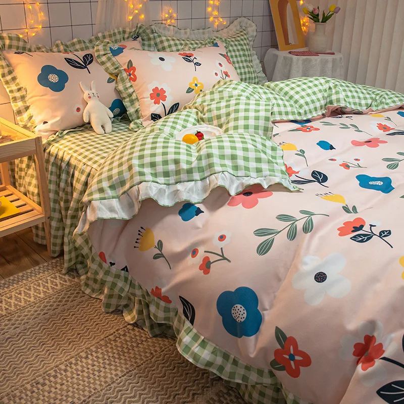 

Korean Style Bed Skirt Four-piece Net Celebrity Princess Style Bed Sheet Quilt Cover 4-piece Thick Brushed Skin-friendly Bedding