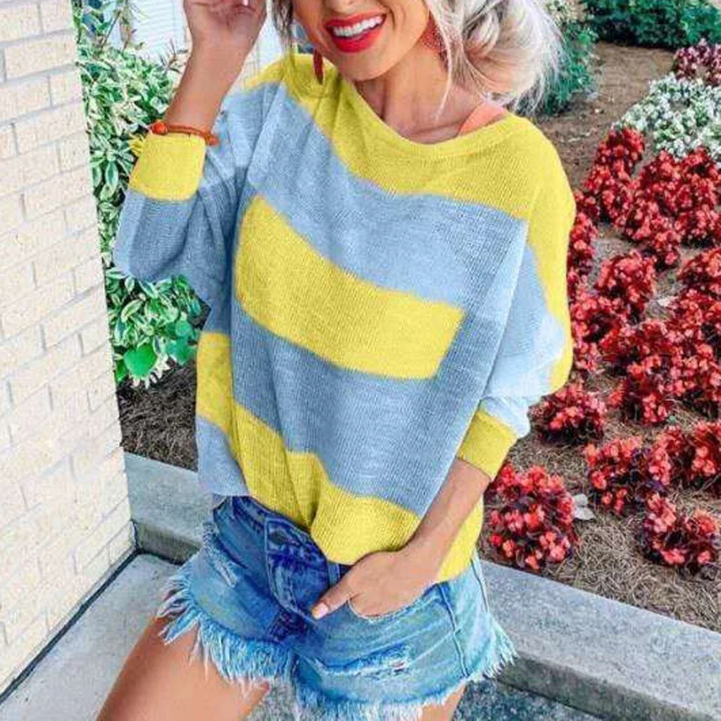 Женская Повседневная футболка в полоску Лоскутная с круглым вырезом длинным