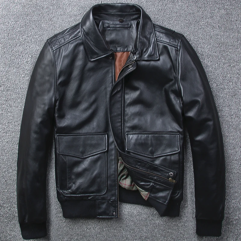 

Autumn Winter A2 Genuine Leather Pilot Leather Jackets Mens Short Slim Thick Wool Collar Leather Coat Plus Size Casual Overcoat