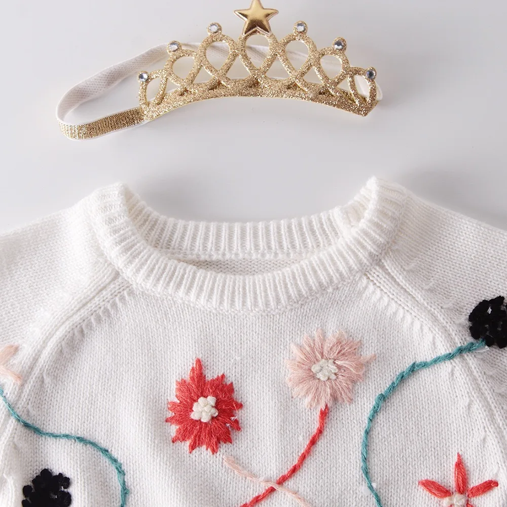 Осенний Вязаный комбинезон с цветочной вышивкой для маленьких девочек от 0 до 2