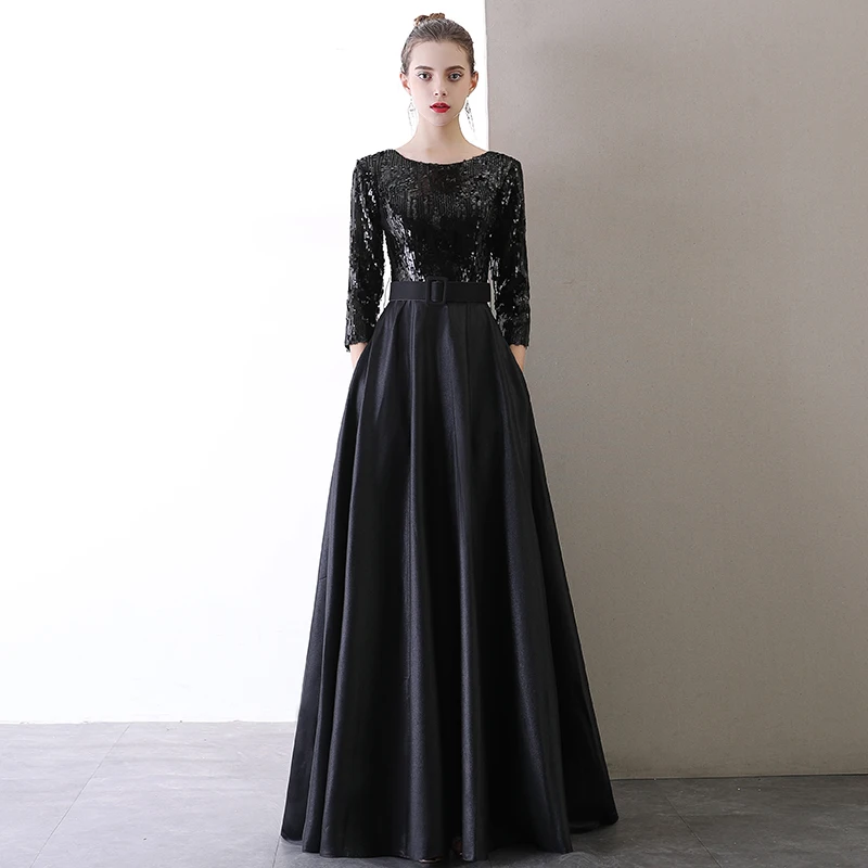 Женское длинное вечернее платье черное ТРАПЕЦИЕВИДНОЕ ПЛАТЬЕ с блестками для