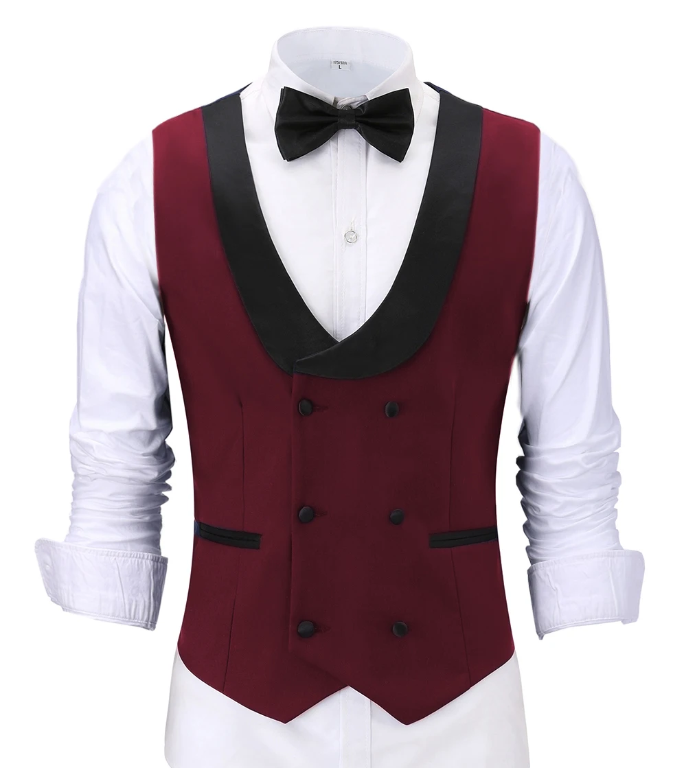 Casual Men's Waiter Vest Burgundy Slim Fit Prom Double Breasted Blazer Champagne Suits Red Waistcoat For Wedding Best Man Grooms