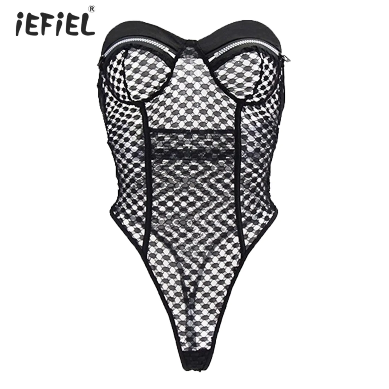 

Womens Sexy Teddies Catsuit See-through Hollow Out Fishnet Strapless Bodysuit Zipper Backless Leotard For Nightclub stage Show