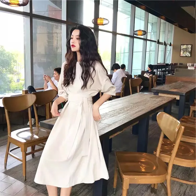 

Women Summer Solid Dress Half Sleeve Empire O-Neck Casual A-Line Female Girls With Sashes