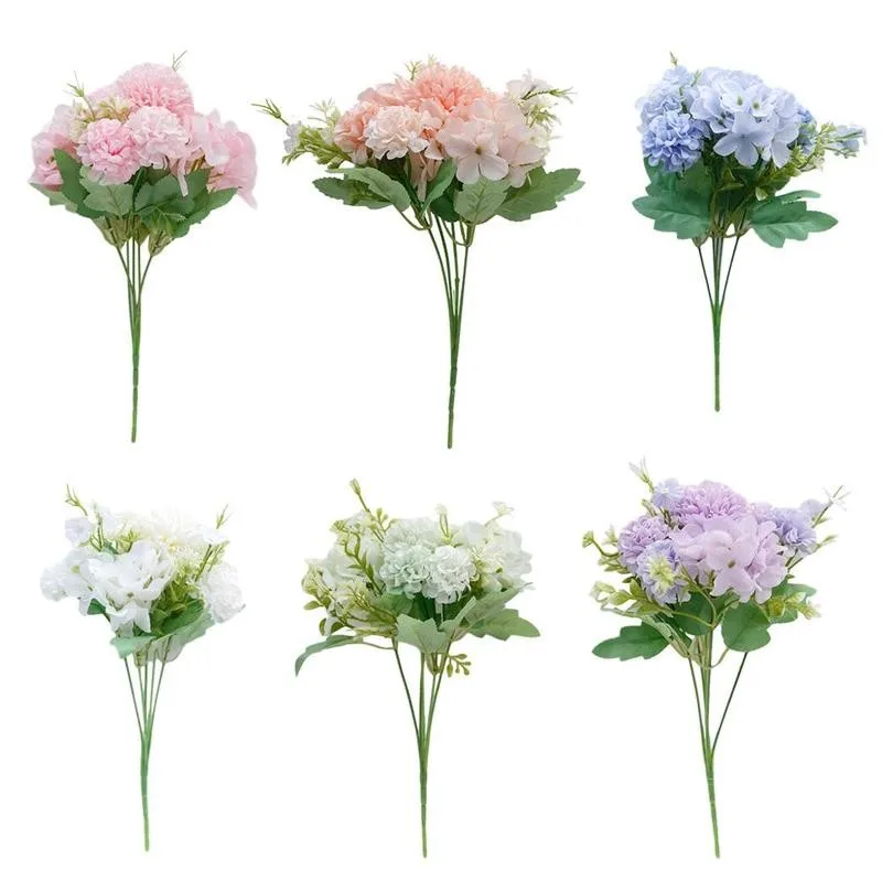 

1pc 5 Heads Hydrangea Flower Wedding Bride Colorful Artificial Bouquet Peony Silk Flowers Table Holding Ball Home Decoratio E8G1