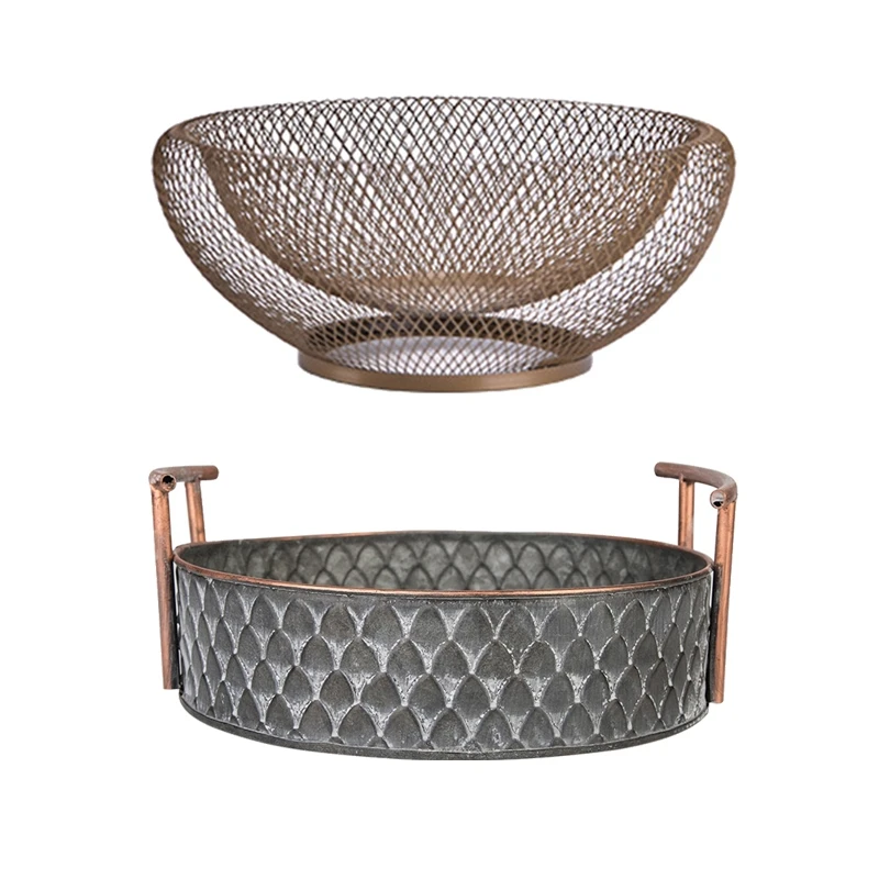 

2 Pcs European Handcrafted Round Antique Decorative Trays With Handles Retro Desk Kitchen Storage Organizer For Home Decor,22X22