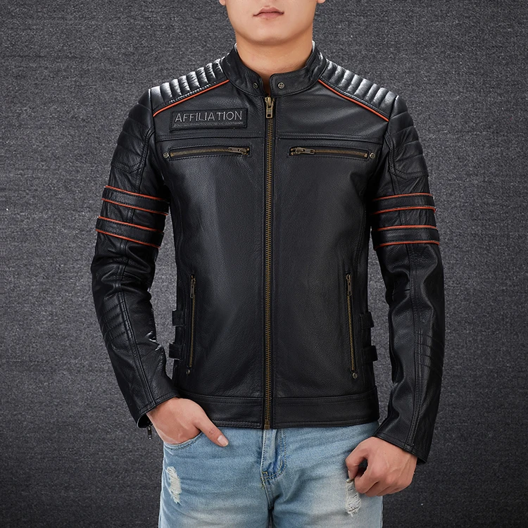 Black Men Skulls Embroidery Motorcycle Leather Jacket Plus Size XXXXL Genuine Cowhide Spring Slim Fit Biker's Leatther Coat