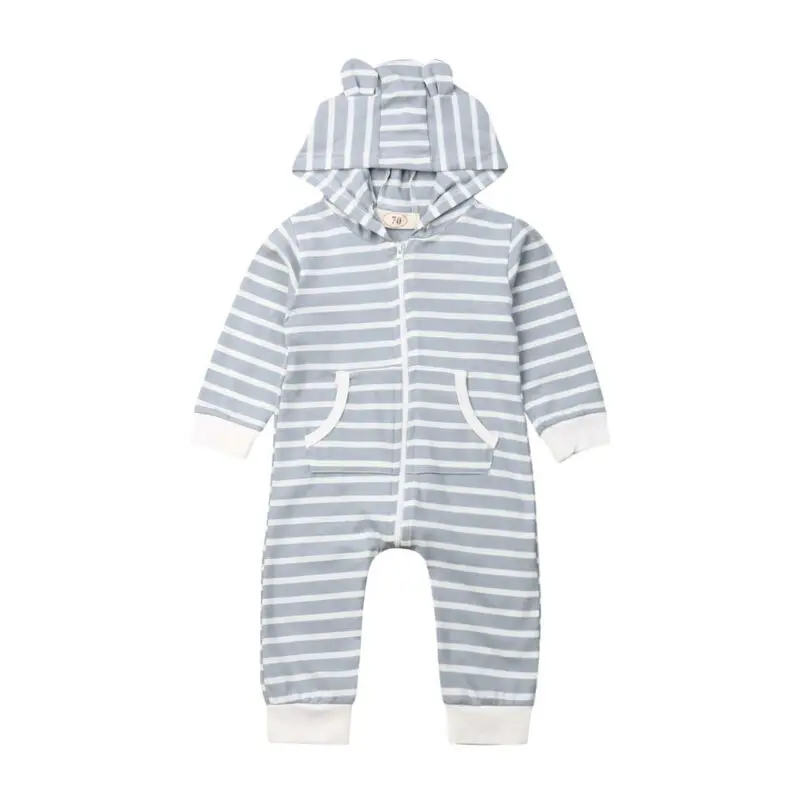 Фото 0-18M Newborn Baby Boy Girl Stripe Romper Long Sleeve Zipper 3D Ear Hooded Jumpsuit Playsuit Outfit Clothes |