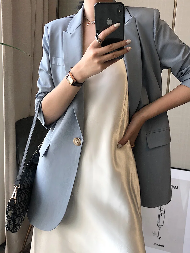 

elegant women blue blazers and jackets Female Casual Single buckle suit blazer feminino Office lady work suit blazer dress Coat
