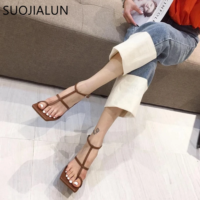 Женские сандалии SUOJIALUN с узкими ремешками элегантные винтажные босоножки на