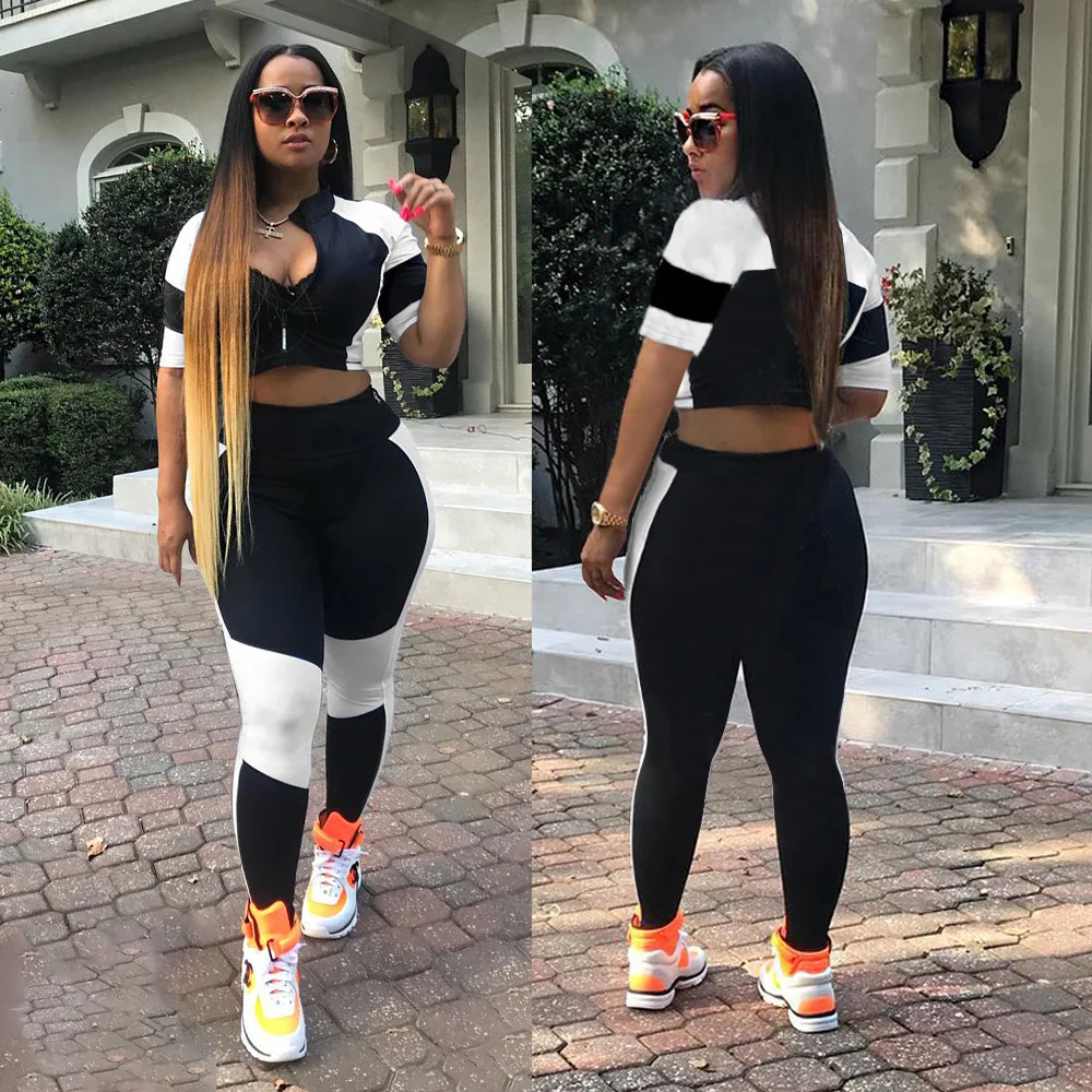 

Color Patchwork Women Summer Short Tops With Pants Women Sets