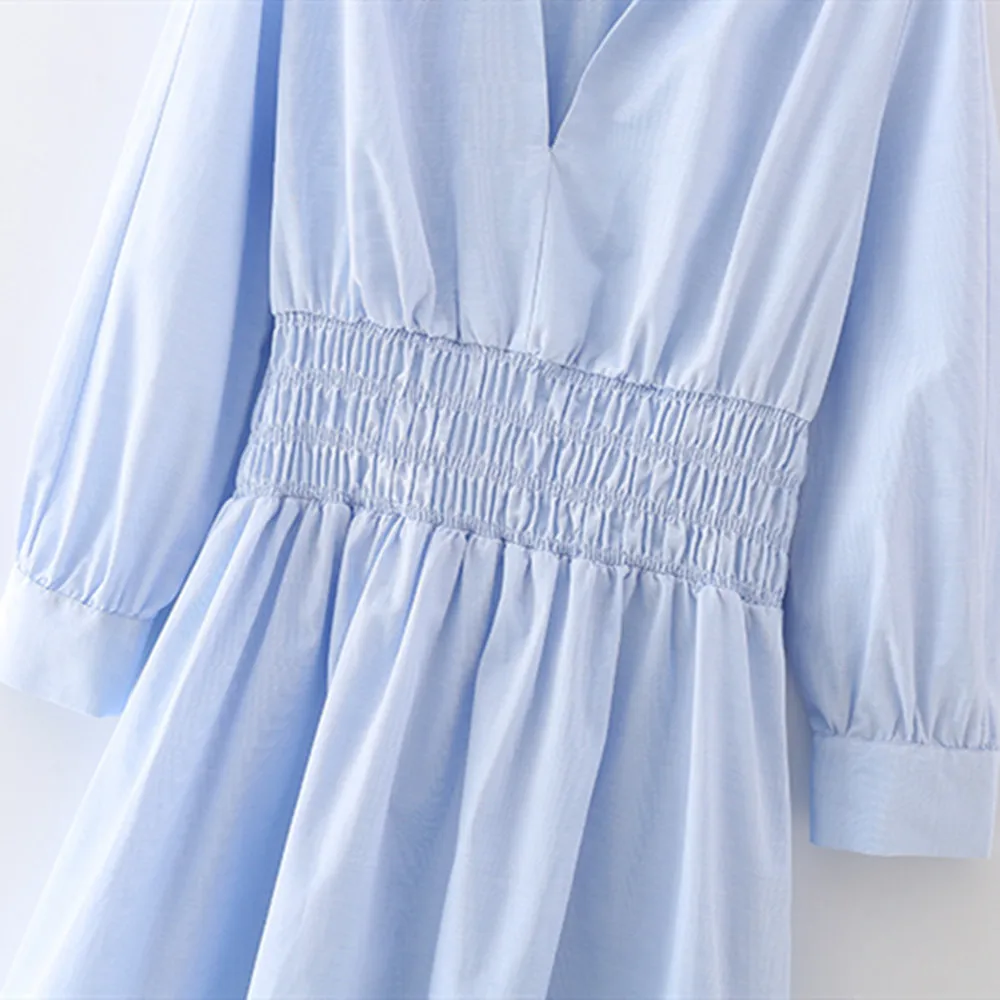 

New arrival women clothes summer cotton point collar long sleeves smocked elastic waistband casual dress for lady