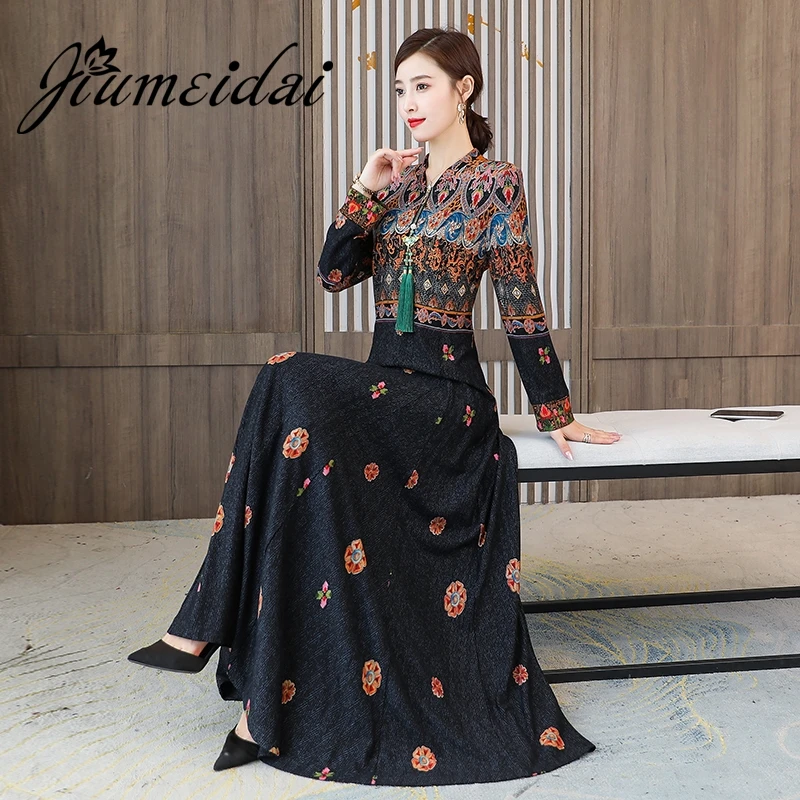 Женское длинное платье на молнии JiuMeiDai элегантное винтажное с v-образным вырезом