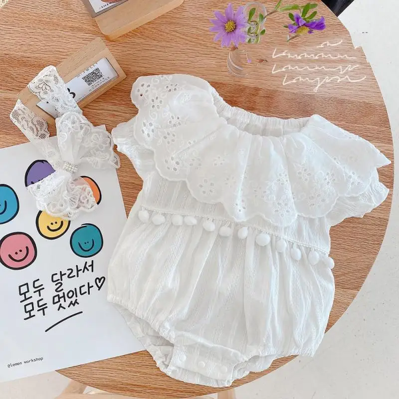

2021Korean Summer Baby Girls Ruffles Romper Infant Newborn Baby White Puff Sleeves Jumpsuit Playsuit Children Baby Sweet Clothes