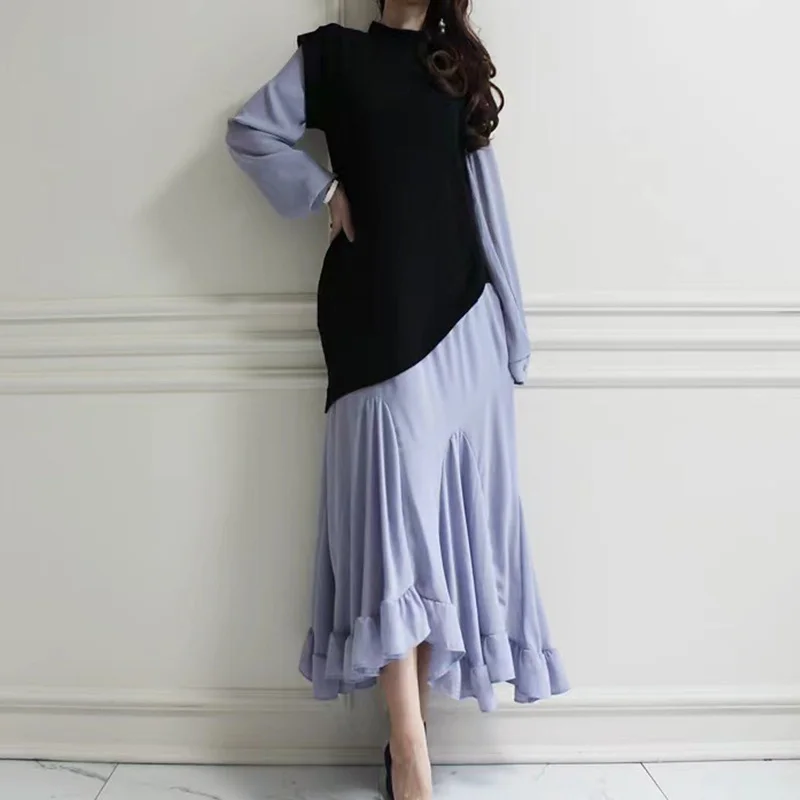 

Корейское женское трикотажное платье с круглым вырезом и контрастными цветами, тонкое длинное платье с оборками, модное женское платье 2021 ...