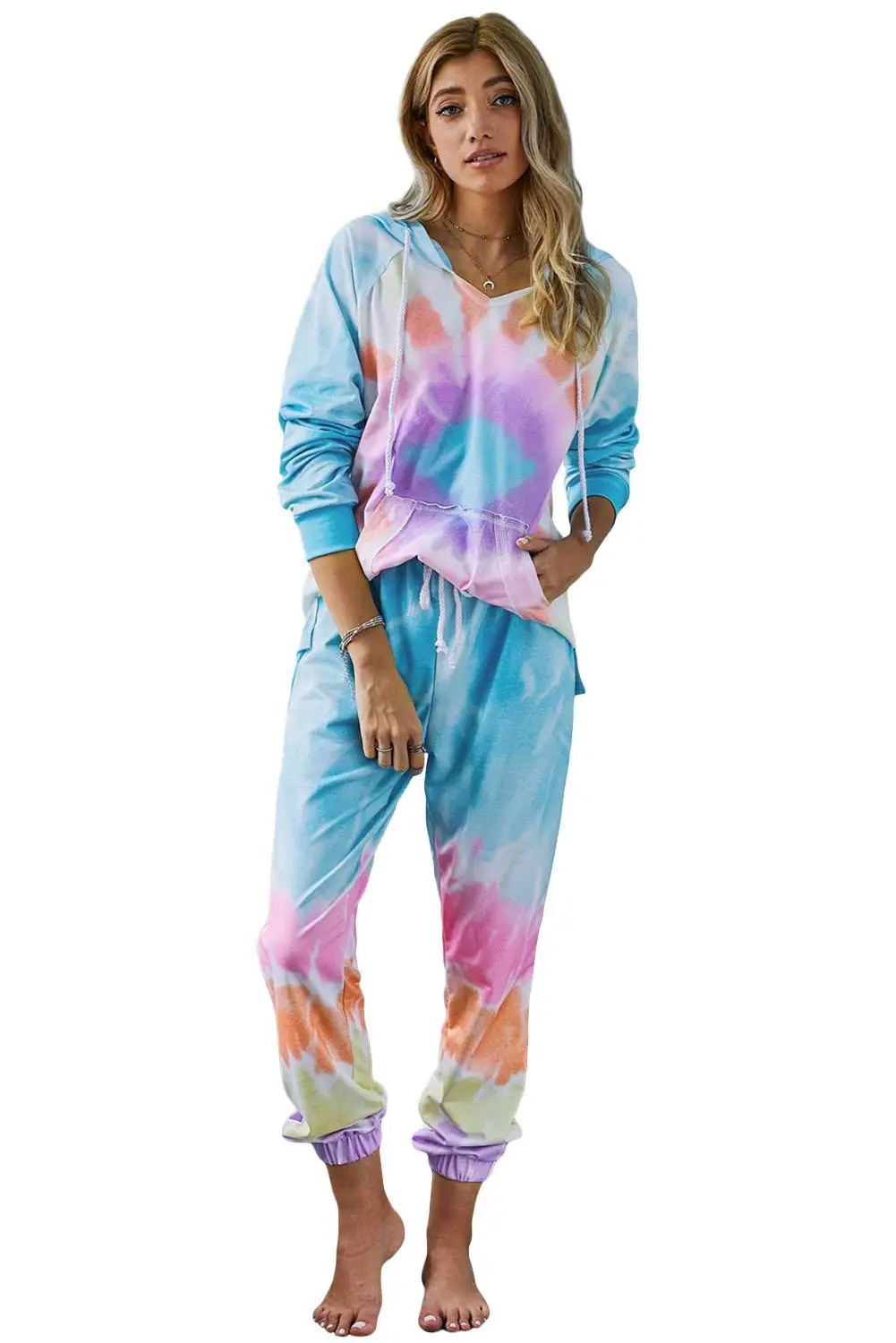 

Multicolor Utopia Cotton Blend Tie Dye Hoodie Joggers Loungewear 2 Two Pieces Women Set Autumn Spring Plus Size 2XL Outfits