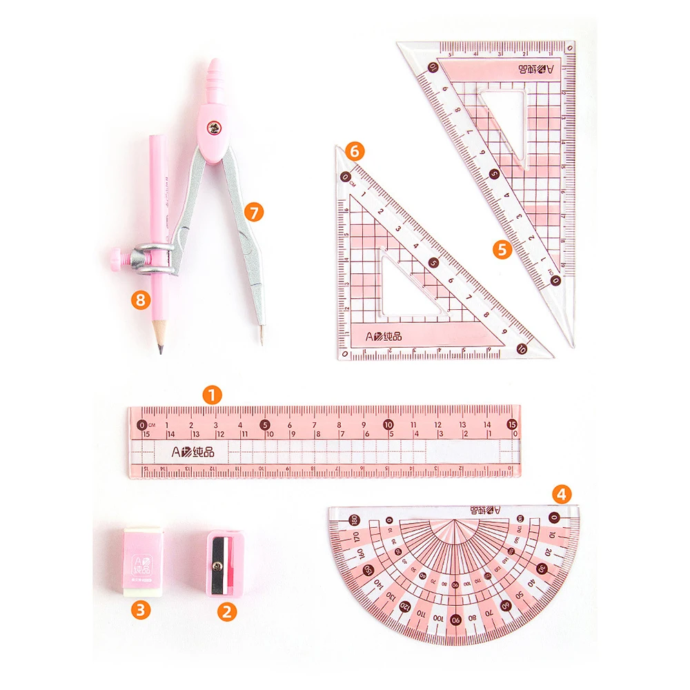 

8pcs/set Plastic/metal Geometry Maths Drawing Compasses Ruler Stationery Set School Mathematical Stationery Students Draw Tools