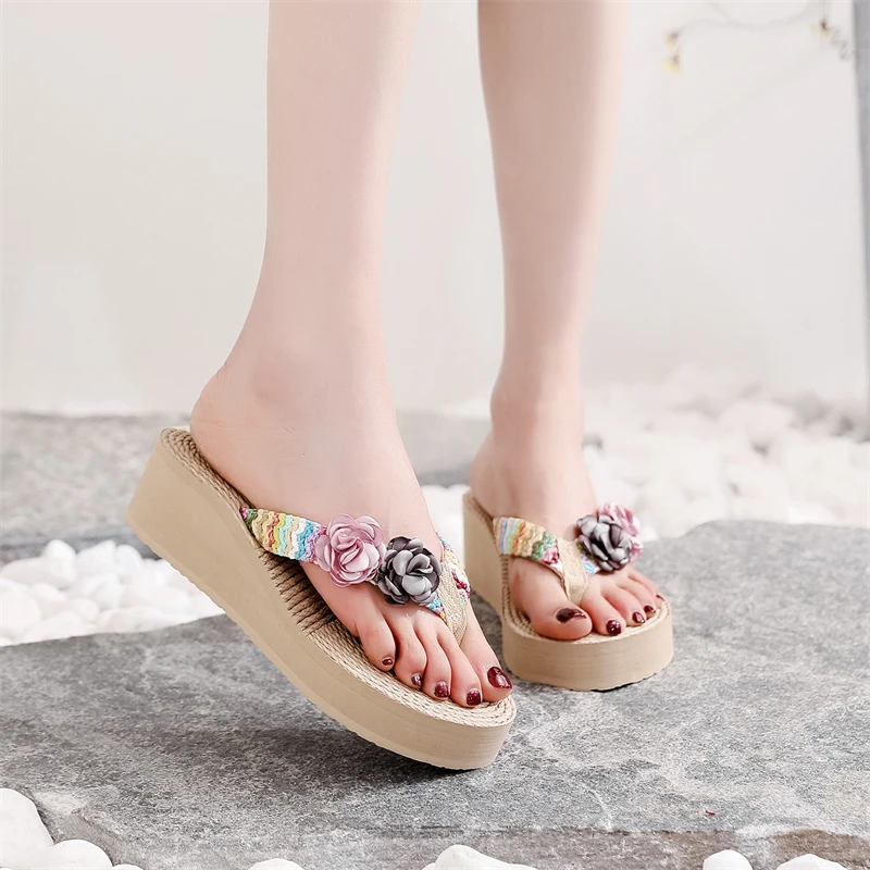 Женские летние тапочки на танкетке модные сандалии из пеньковой веревки с