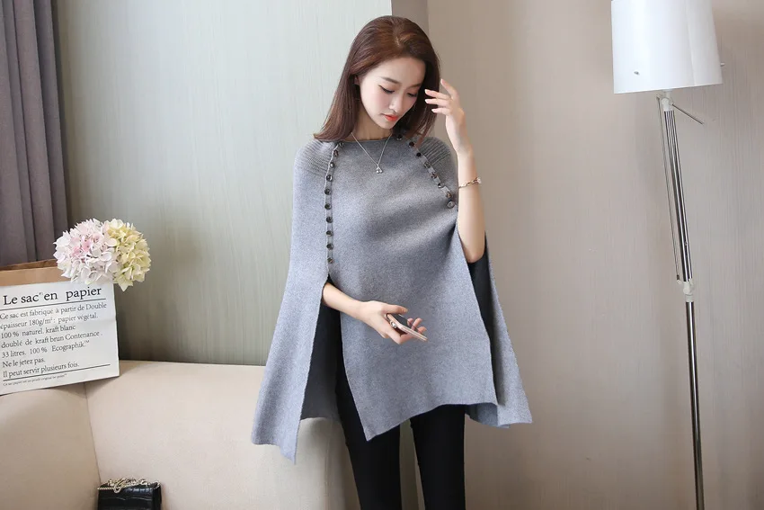 Женское двубортное пончо свободное вязаное черное пальто с рукавами летучая