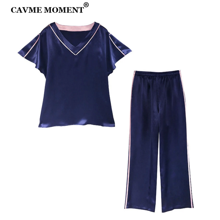 

CAVME V-neck Real Silk Pajama Sets for Women Ladies Luxury Sleepwear Sets 2 Pieces 100% Silk Homeclothes PLUS SIZE