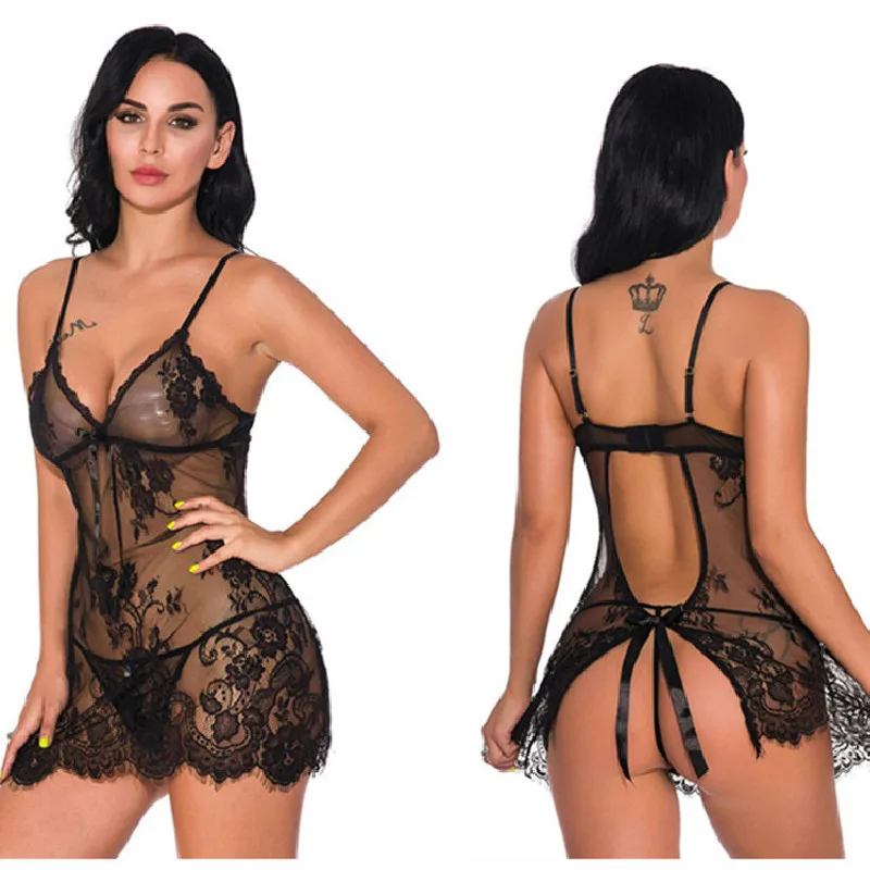 New Summer Women's Nightwear Lace Perspective Sexy Backless Underwear Factory  Wholesale Nightdress