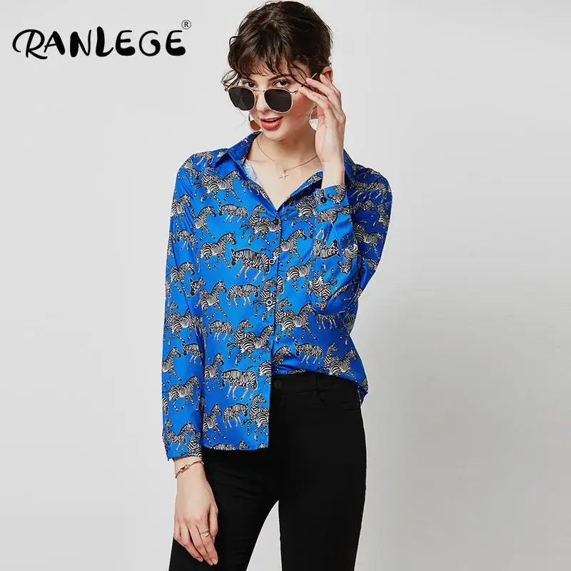 Женская офисная блузка с принтом зебры RANLEGE Повседневная Блузка отложным воротником и длинными рукавами