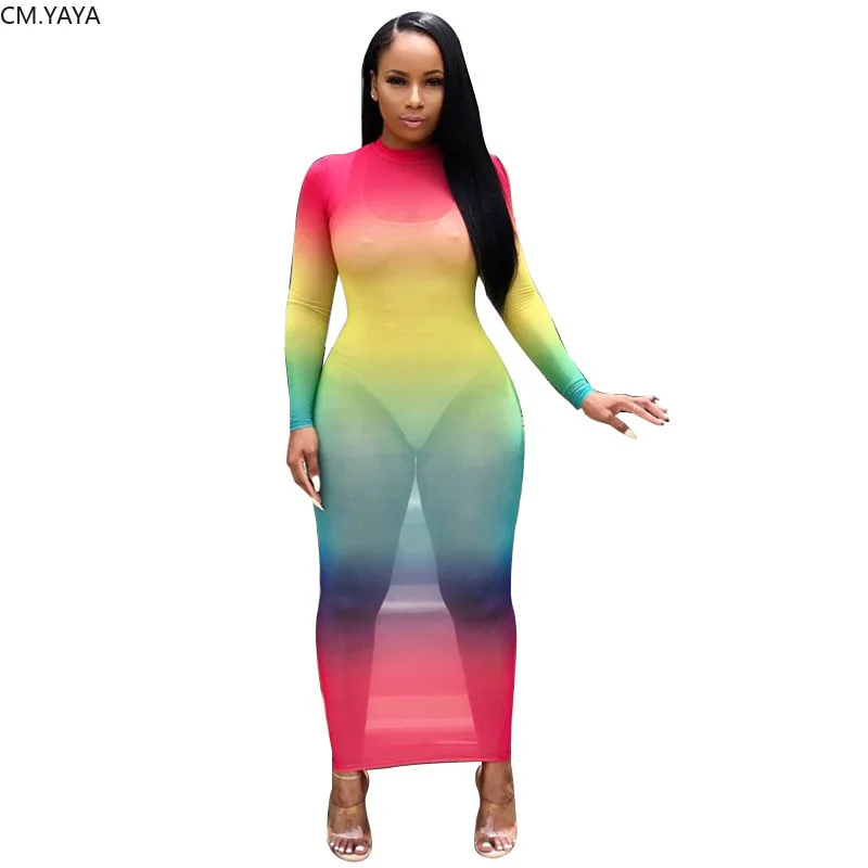 2019 women rainbow print o-neck full sleeve bodycon long maxi dress sexy gradient perspectivenight club party dresses GLK9506 | Женская