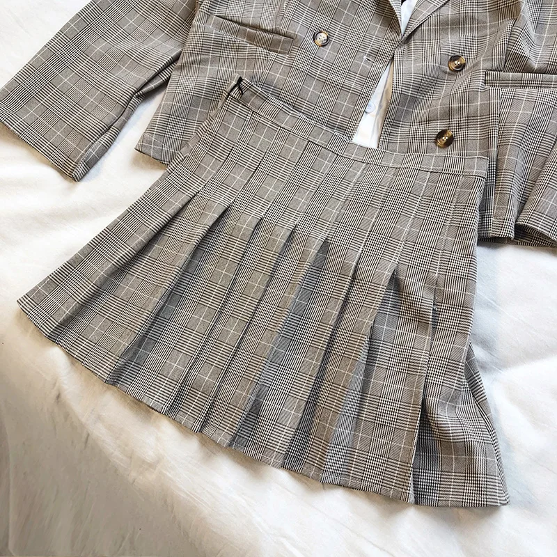 

MUMUZI preppy style plaid suit blazers and pleated skirt two-piece set college style outfits coats and skirt set Mori girl