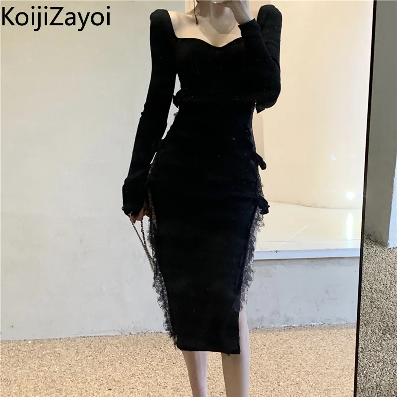 

Kojizayoi Women Lace Sexy Maxi Dress Long Sleeves High Split Lace Black Party Dresses Skinny Fashion Lady Fall Winter Vestidos