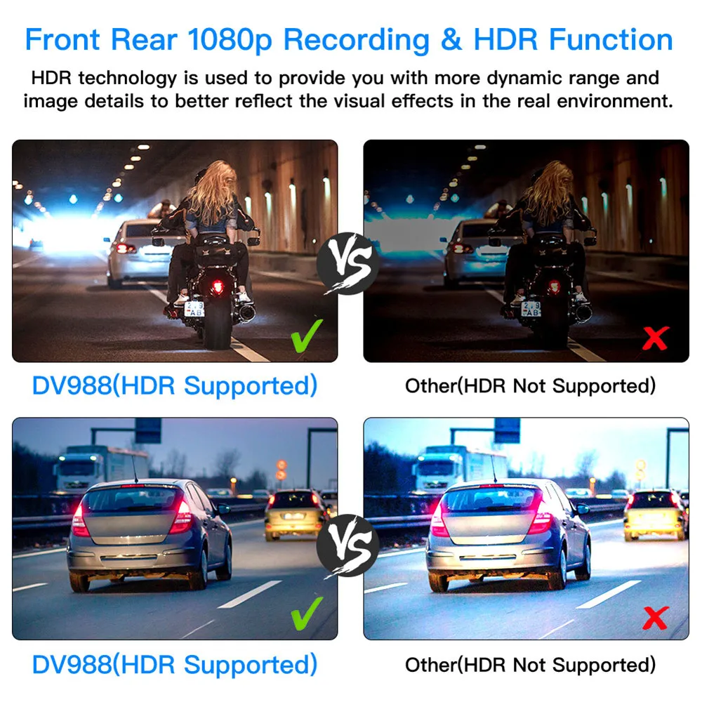 Blueskysea DV988 видеорегистратор с сенсорным экраном для мотоцикла 1080P двумя