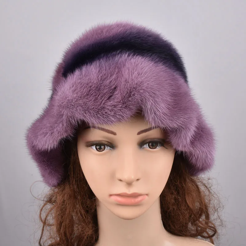 Women's Twist Hat Natural Mink Fur Hat  Pattern Accessories Autumn Winter Women's Warm Outdoor Hat