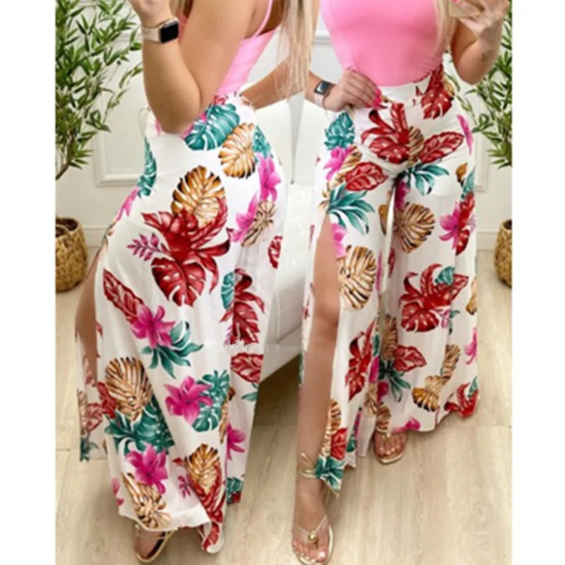 

Women Floral Print Pants Side Splits Wed Leg Pants High Waist Bohemian Pants