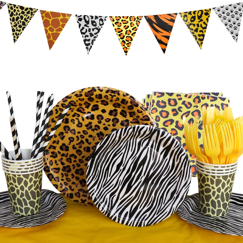 

Printed Leopard Tiger Zebra Theme Birthday Party Decor Jungle Animal Stripes Disposable Tableware Cups Plates Napkins Banners