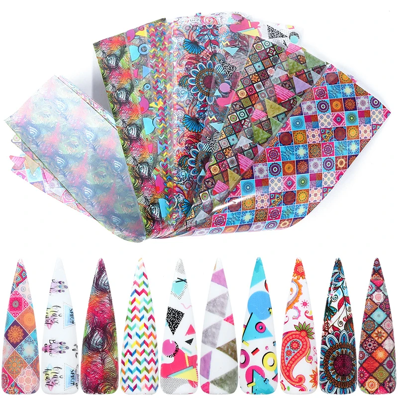 

10Pcs/lot Nail Art Transfer Foils Colorful Nail Foil Set Adhesive Decals Wraps Stickers Decorations Manicure Sliders