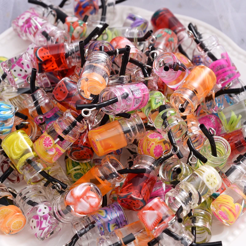 

10Pcs Charms Fruit Orange Watermelon Lemon Juice Pendant Mini Glass Resin Bottle Pendants For Earrings Necklace Jewelry Making