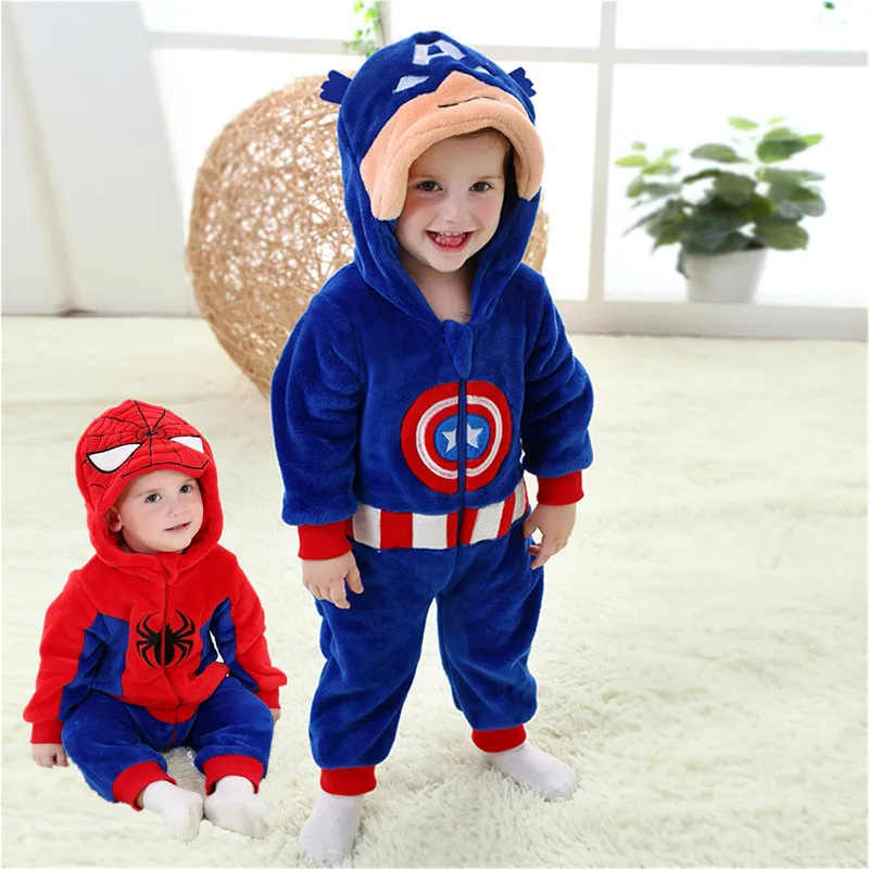 

Baby Spiderman Captain America Superhero Hooded Pajama Role Playing Set Newborn 0-36 Months Soft Flannel Zip Romper косплей