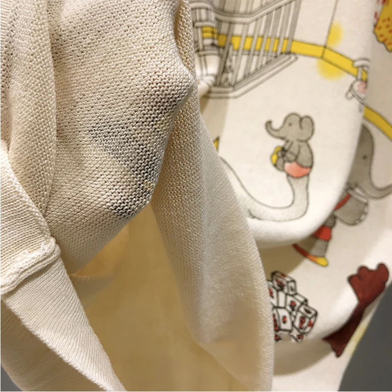 

Fashion Design Women Short Sleeve Vintage Knitting Top 2021 Spring Summer Cartoon Elephant Print High Quality T-Shirt B-068