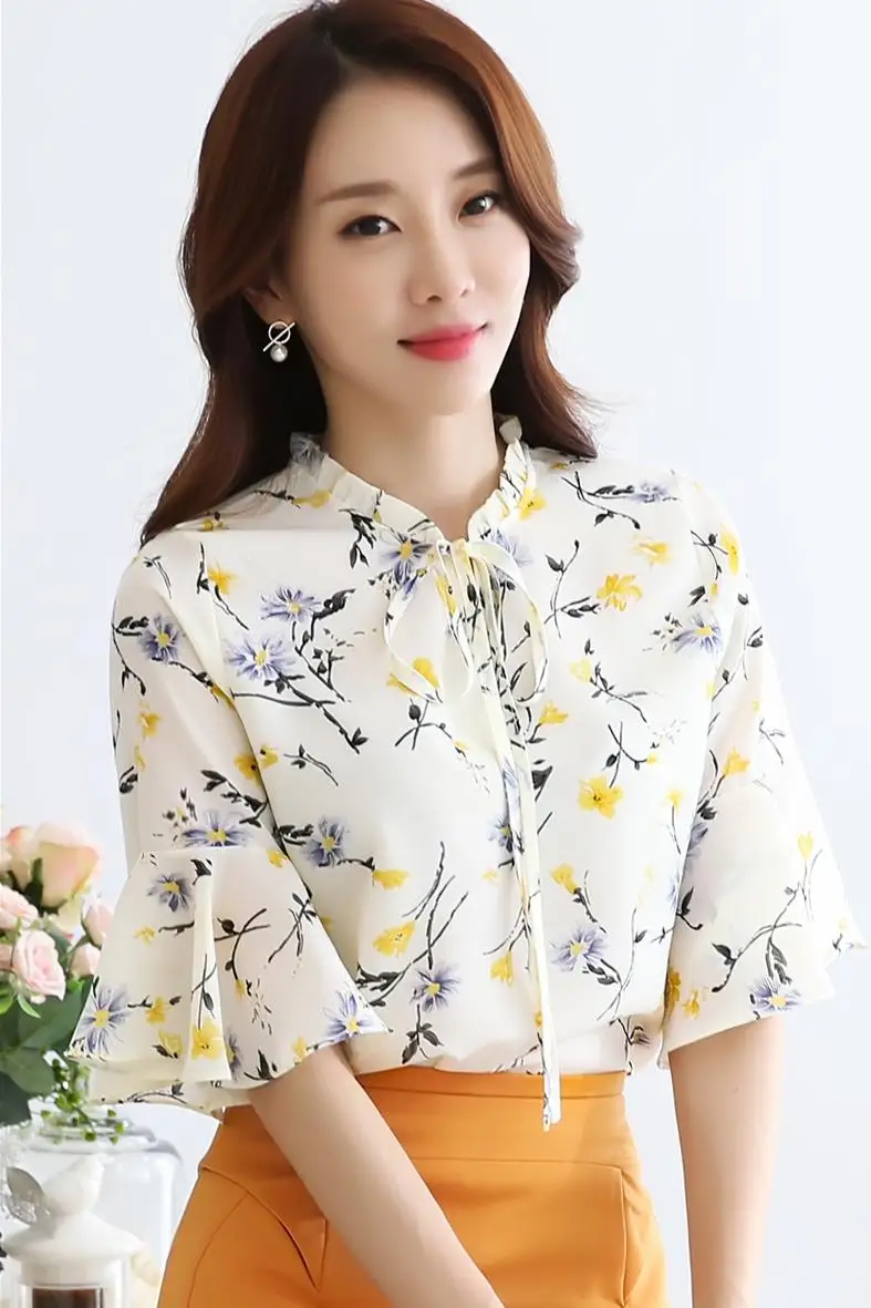 

Houthion New Women Blouse Printing V-neck 3/4 Sleeve Bow Chiffon Top Loose Fashion Blouses Comfortable Casual Shirt