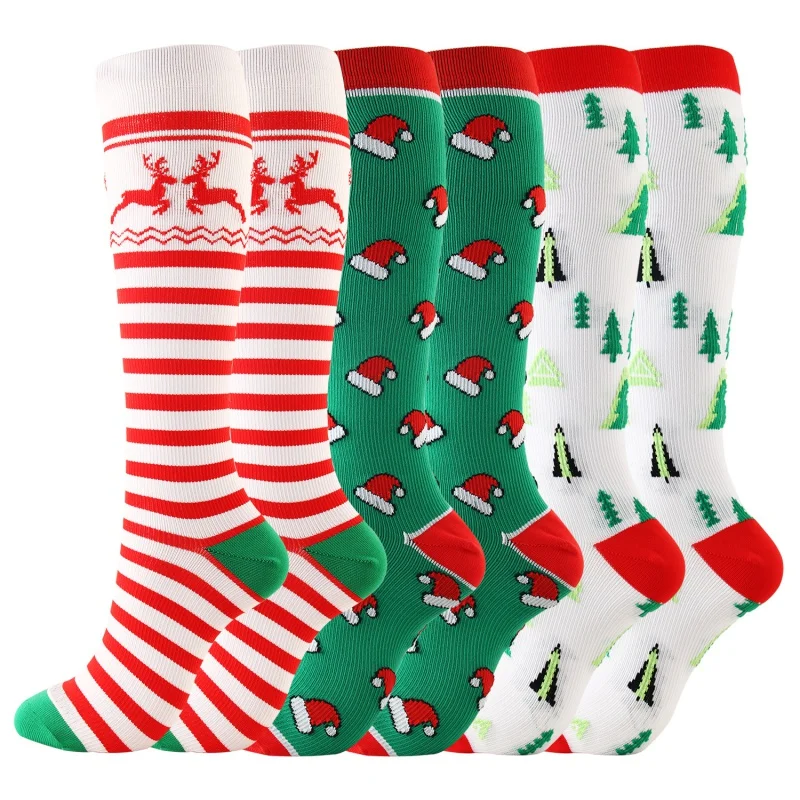 

Women Men Running High Compression Socks Christmas Prints Unisex Running Cycling Long Pressure Stockings