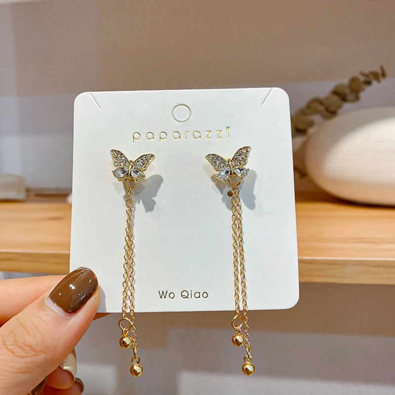 

XIYANIKE Super Fairy Sweet Butterfly Stud Earrings Gold Shiny Rhinestone Tassel Earrings Long Female Trendy Jewelry Accessories