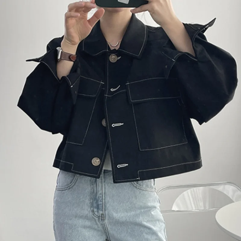 

Jackets Women Korea Autumn Lapel Single Breasted Open Line Contrast Color Design Loose Large Pocket Cardigan Short Coat Women