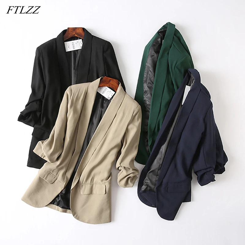 

FTLZZ Spring Autumn Office Lady Blazer Jacket Women Chiffon Slim Coat Solid Color Long Sleeve Blazer Outwear Chic Female