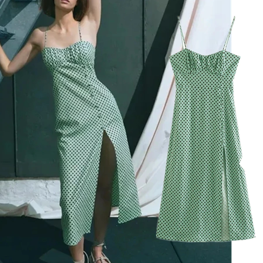 

Withered Summer Dress Women Vestidos Ins Blogger Vintage Polka Dot Spaghetti Strapless Sexy Forking Long Dress Party Beach Dress