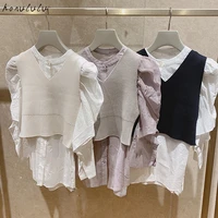 2021 spring new japanese womens puff sleeve slim shirt short v neck knitted vest two piece set